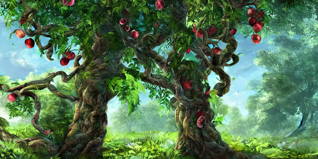 Prompt: garden of Eden, tree with forbidden fruit. high details, ultra realistic, 8k. cinematic. mate painting. artstation trending.