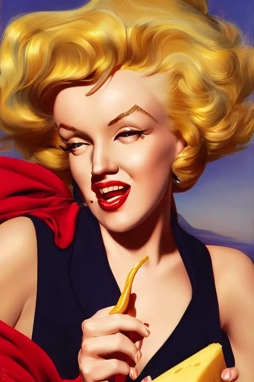 Image similar to a blond mix between Marilyn Monroe and Jessica Rabbit, eating a resplendent piece of cheese, golden hour, artstation, by J. C. Leyendecker and Peter Paul Rubens,