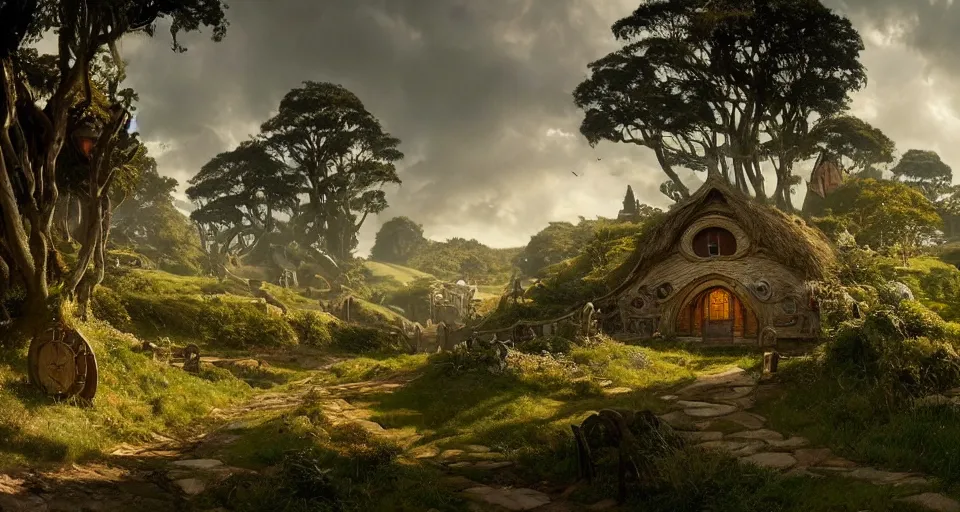 Image similar to the shire, hobbiton, lord of the rings, intricate, elegant, highly detailed, greg rutkowski, dishonored 2 john park, frazetta, john howe, ruan jia, jeffrey catherine jones