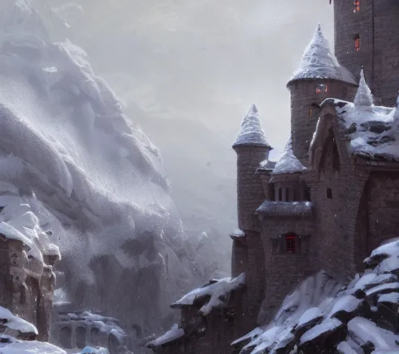 Image similar to a painting of a castle in the middle of a snowy mountain, a detailed matte painting by andreas rocha and greg rutkowski, featured on artstation, fantasy art, matte drawing, matte painting, artstation hq