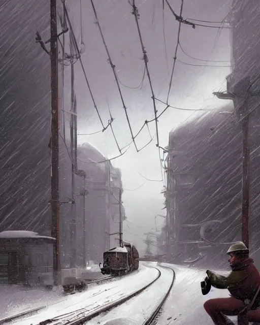 Image similar to a highly detailed epic cinematic concept art CG render digital painting artwork: Railroad in snowy landscape of Siberia and worker in orange west. By Greg Rutkowski, in the style of Francis Bacon and Syd Mead and Norman Rockwell and Beksinski, open ceiling, highly detailed, painted by Francis Bacon and Edward Hopper, painted by James Gilleard, surrealism, airbrush, Ilya Kuvshinov, WLOP, Stanley Artgerm, very coherent, triadic color scheme, art by Takato Yamamoto and James Jean