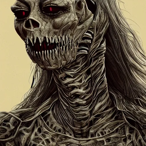 Image similar to a human being possessed by a 4th dimensional reptilian which controls her from behind, spooky, dark, creepy, trending on artstation, intricate detail, smokey