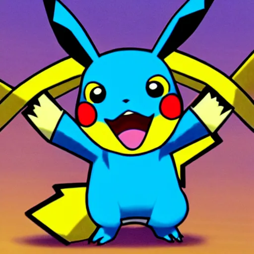 Image similar to pikachu with deep blue skin shooting bright electric lightning out of his ears in the style of pokemon anime def 8 k