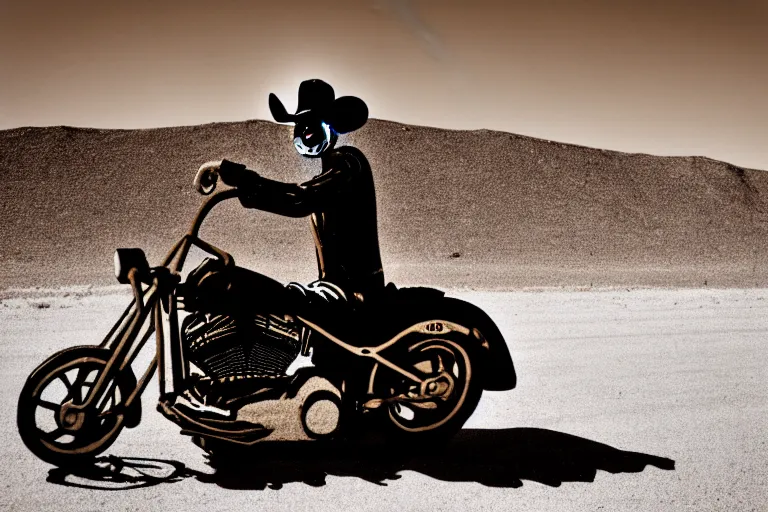 Prompt: smoking skeleton cowboy riding a harley davidson in a desert road, medium shot, low angle view, perspective, old anime style, soft colors