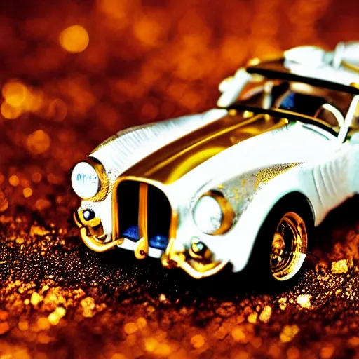 Prompt: 3 5 mm photo of metallic white steampunk shelby like hot wheels model in gold city background