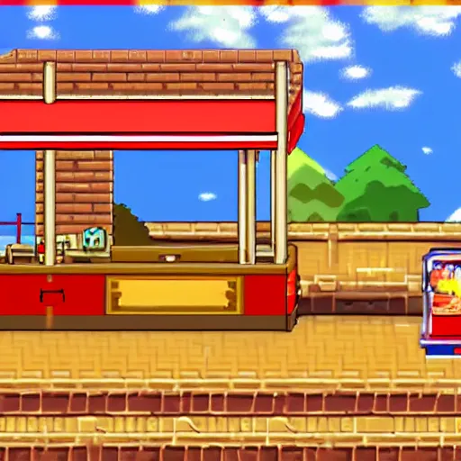 Prompt: pokemon fire red in game screenshot of a hot dog stand