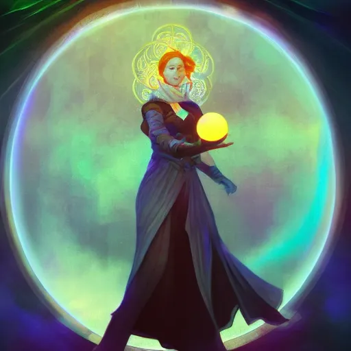 Image similar to portrait of a female mage with ball of orbs floating by her side, blueish aura by her side, dynamic pose, chromatic aberration, medium level shot, grim fantasy, illustration, mucha style, concept art,