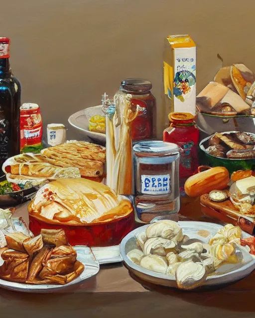 Image similar to a painting of a table full of british foods, concept art by taro yamamoto, pixiv contest winner, auto - destructive art, official art, concept art, pixiv