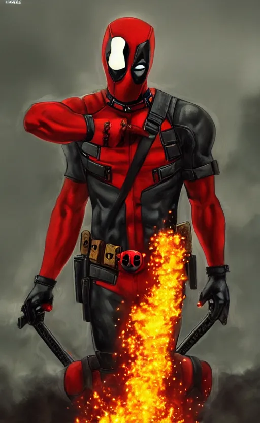 Image similar to deadpool as ghost rider, dynamic lighting, photorealistic fantasy concept art, trending on art station, stunning visuals, terrifying, creative, cinematic