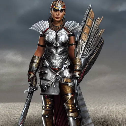 Prompt: female warrior with metal falcon armour, highly detailed, 4k, HDR, smooth, sharp focus, hyper realistic, high resolution