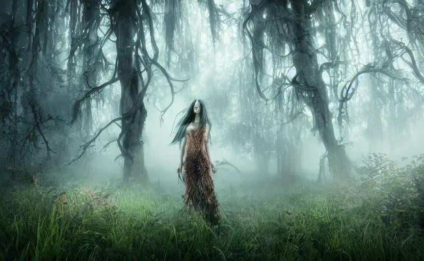 Prompt: a female transcendent spectral figure with leaves and feathers twisted in their hair is coming out of the fog with their pack of wolves and magic moss is growing on her clothes, a nature documentation photograph, wide angle, cgsociety, vray, octane render