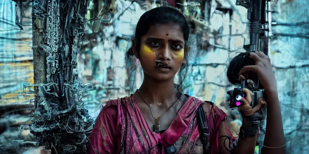 Prompt: sri lankan cyberpunk girl, film still, epic shot cinematography, rule of thirds, colorful, sci - fi tech style