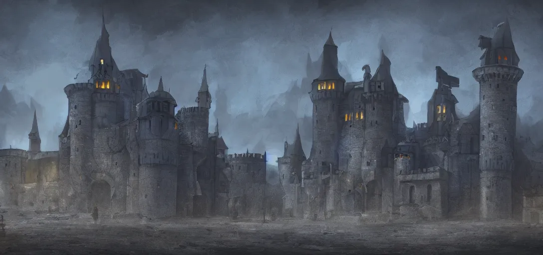 Image similar to A digital concept art painting of a dark blue medieval european ghotic castle with black brick in desert, 4K UHD image, unreal engine