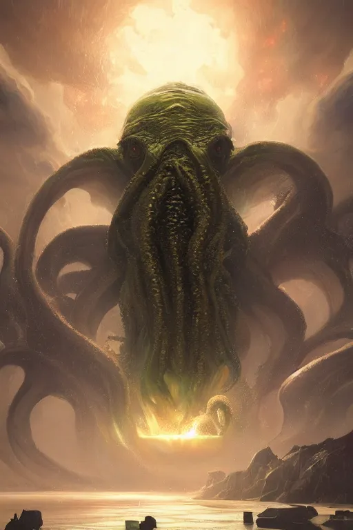 Image similar to cthulhu in space looking at earth, larger than earth, huge, towering, gigantic, high octane, 8 k, digital art, magic the gathering, mtg, by greg rutkowski, trending on artstation