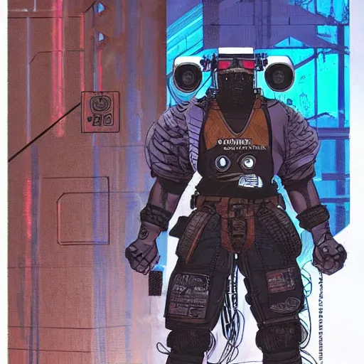 Prompt: Apex legends cyberpunk weight lifter. Concept art by James Gurney and Mœbius.