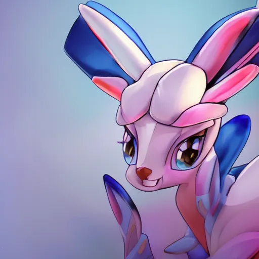 Image similar to aesthetic portrait of a shiny blue sylveon, hyperrealistic, artstation, 4 k, ultra detailed digital art