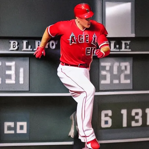 Image similar to “a realistic detailed photo of a guy who is named Mike Trout a baseball player, frozen like a statue, with shiny skin, by a pool, on display”