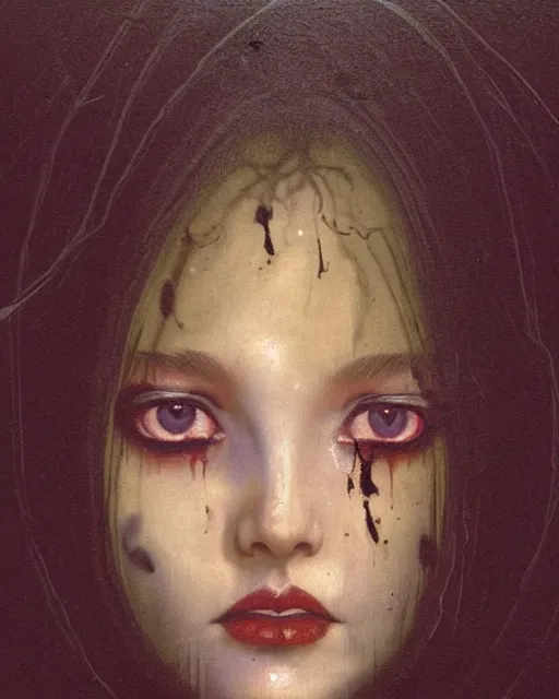 Image similar to a beautiful and eerie baroque painting of a beautiful but creepy girl in layers of fear, with haunted eyes and dark hair piled on her head, 1 9 7 0 s, seventies, wallpaper, a little blood, morning light showing injuries, delicate embellishments, painterly, offset printing technique, by brom, robert henri, walter popp