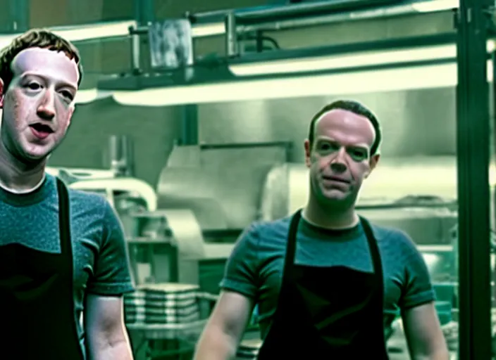 Image similar to film still of mark zuckerberg as agent smith working in a bakery in the new matrix movie, 4 k