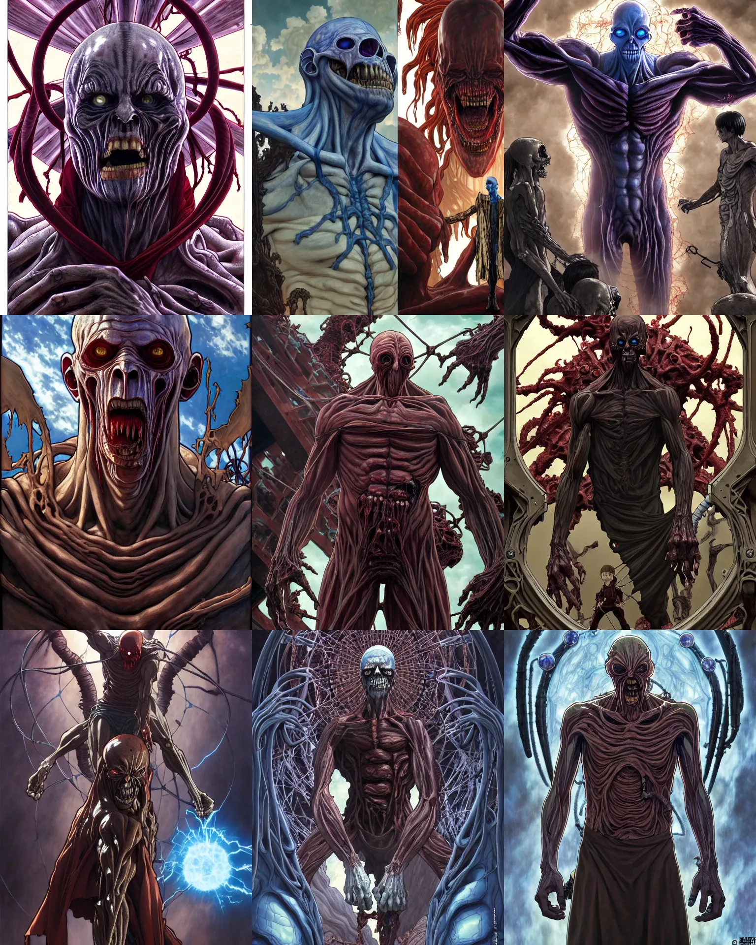 Prompt: the platonic ideal of attack on titan of cletus kasady ultimate carnage thanos dementor doctor manhattan chtulu nazgul, detailed, intricate, hyperrealism, intense, scary, decay, dmt, art by brock hofer and artgerm and greg rutkowski and alphonse mucha