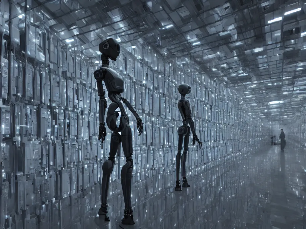 Image similar to a tall female robot guarding a wall of computers, confident, moody, dramatic, introspective, 8 k, octane render, photorealistic, hyper detailed, perfect lighting