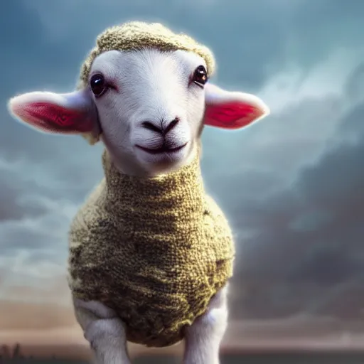 Image similar to lamb wearing a sweater, matte painting, full body shot 4k, blurry background, artwork, artstation,