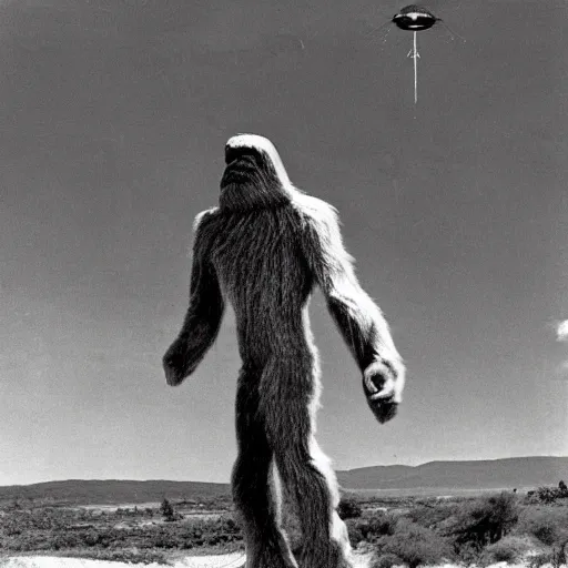 Prompt: a 1960s photograph of a UFO abducting Bigfoot, 4k