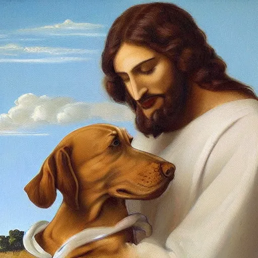 Prompt: A portrait painting of Jesus licking a dog's face