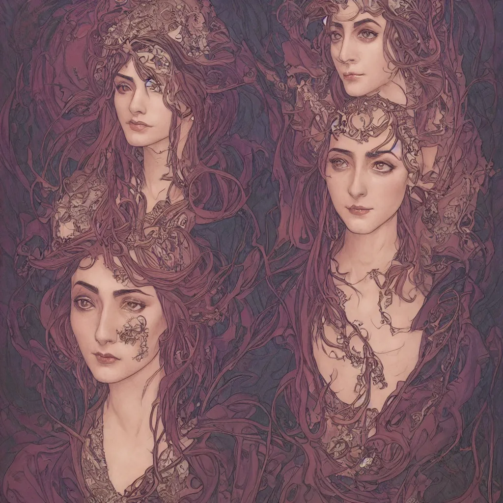 Image similar to masterpiece head-on symmetrical centered bust-view portrait, Maya Ali as D&D sorcerer, Art Nouveau style, wizard robe, fantasy, air brush shading, delicate, elegant, in the style of Greg Rutkowski and Moebius and Mohrbacher and ROSSDRAWS and Ross Tran and Alphonse Mucha and Ayami Kojima and Charlie Bowater and Jean Delville, Pixar, Maya engine, splash comics, tarot card style, Art Nouveau, rich bright colours