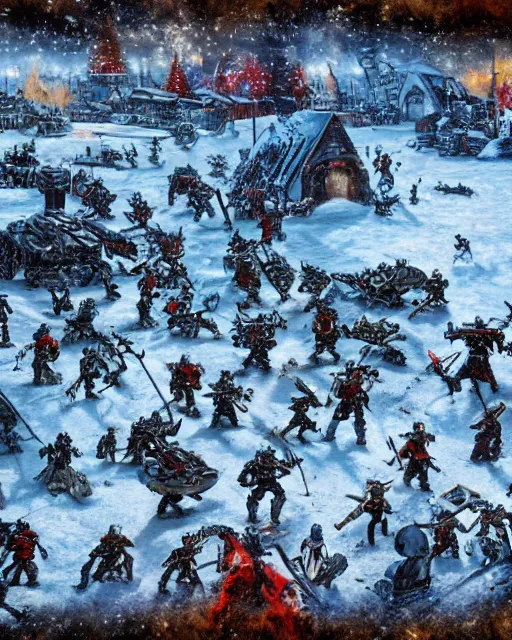 Image similar to postcard showing 'realistic warhammer space marines frollicking in the snow at christmas' laying on coffee table, zoomed out, HD, iphone capture