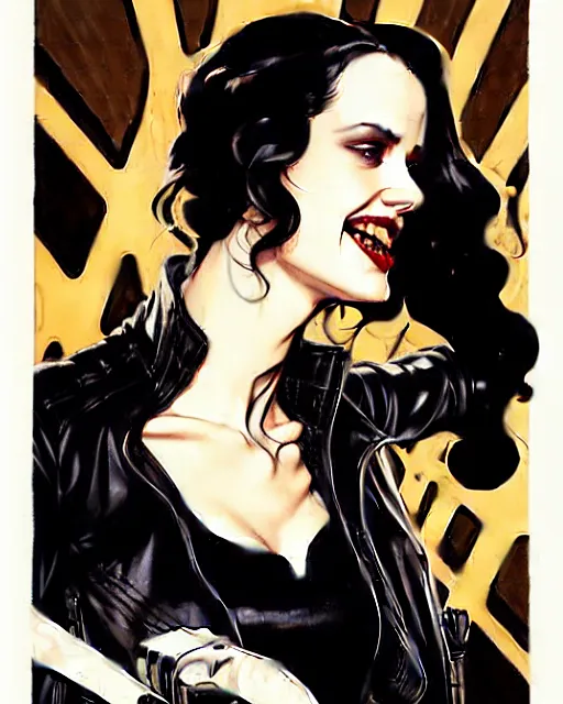 Prompt: Rafael Albuquerque comic art, art nouveau, Norman Rockwell, Joshua Middleton, pretty female Eva Green vampire, sharp vampire teeth, sarcastic smile, symmetrical eyes, symmetrical face, brown leather jacket, jeans, long black hair, full body, building on fire, cool colors