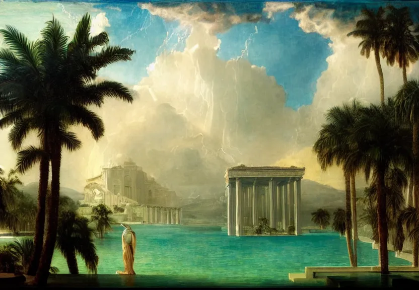 Image similar to Palace floating in heaven, 1km tall, thunderstorm, greek pool, beach and palm trees on the background major arcana sky, by paul delaroche, hyperrealistic 4k uhd, award-winning very detailed, heaven paradise