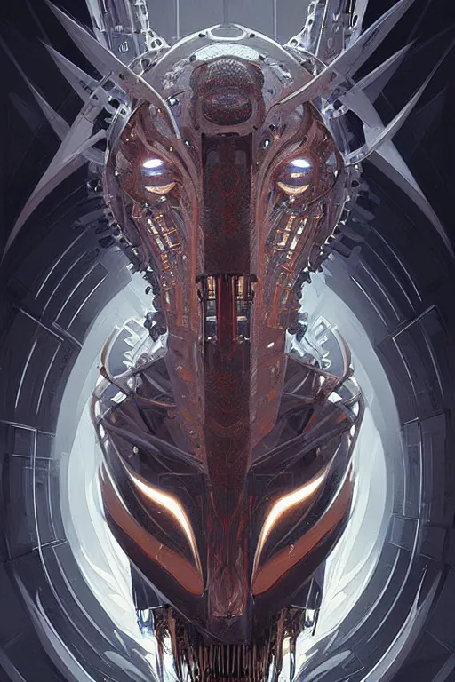 Image similar to professional concept art symmetrical portrait of a horrendous robotic fractal predatory species in a dark room by artgerm and greg rutkowski. an intricate, elegant, highly detailed digital painting, concept art, smooth, sharp focus, illustration, in the style of cam sykes.