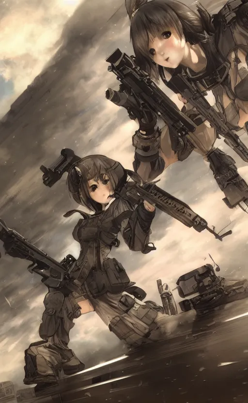 Image similar to highly detailed, high resolution, character design art, stunning, volumetric lightning, realistic guns, girls frontline style, matte, sharp focus, 130mm, illustration, artstation, by yusuke kozaki, realistic human anatomy, simple design, realistic military gear, metal gear style, realistic faces, comic