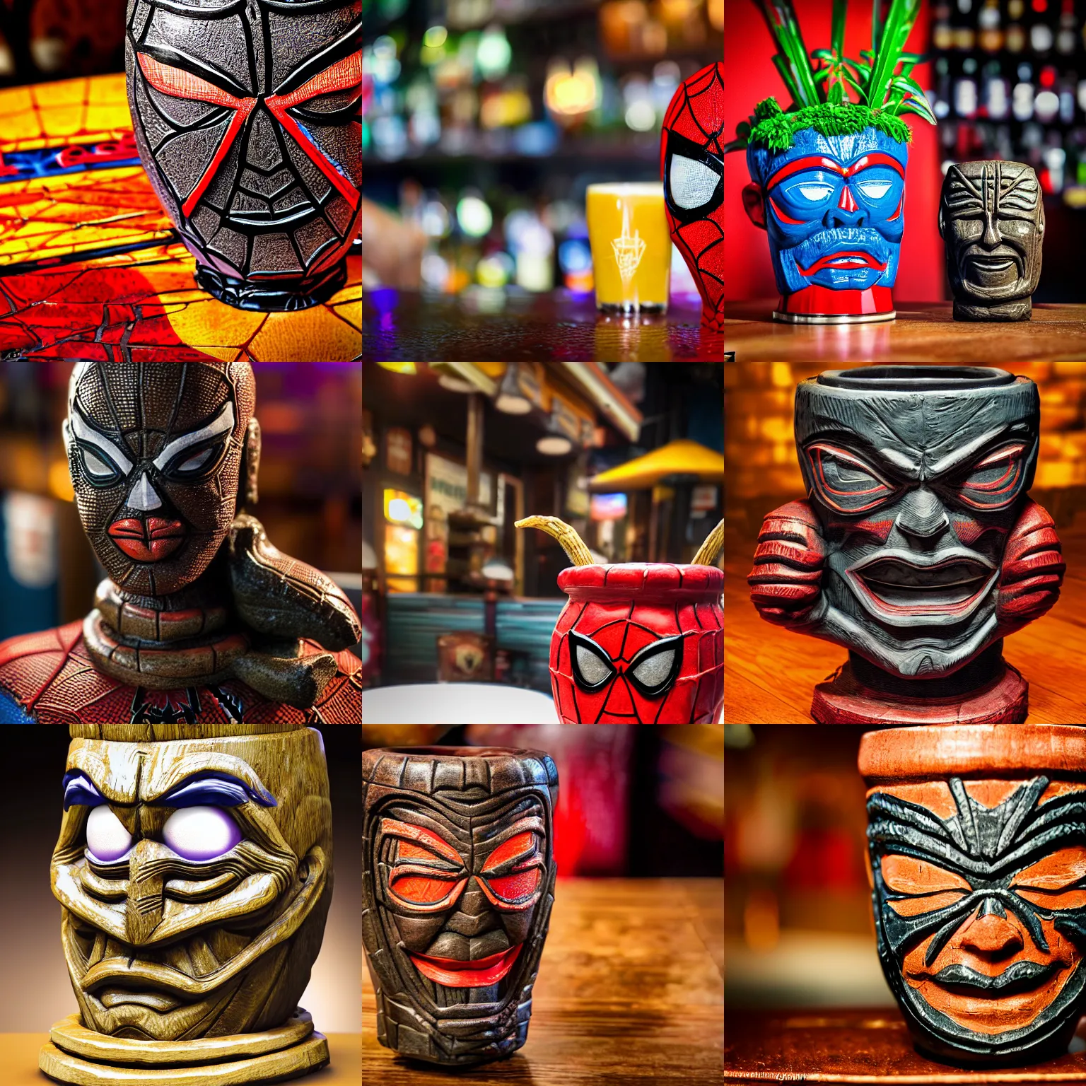 Prompt: a closeup photorealistic photograph of a spider man style tiki mug sitting at a trader vic's bar featuring spider man's face. tiki theme. bright scene. fine detail. this 4 k hd image is trending on artstation, featured on behance, well - rendered, extra crisp, features intricate detail, epic composition and the style of unreal engine.