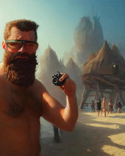 Image similar to a bearded man wearing a vr set, beach bar, real life skin, intricate, highly detailed, artstation, concept art, smooth, sharp focus, art by artgerm and greg rutkowski