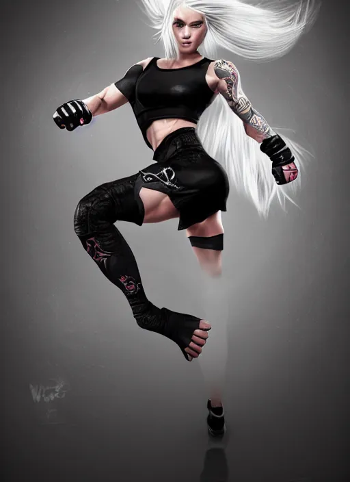 Prompt: a highly detailed illustration of fierce ponytail platinum blonde woman wearing black mma gear and gloves, dramatic powerful kicking pose, fairly muscular, athletic, intricate, elegant, highly detailed, centered, digital painting, artstation, concept art, smooth, sharp focus, league of legends concept art, WLOP