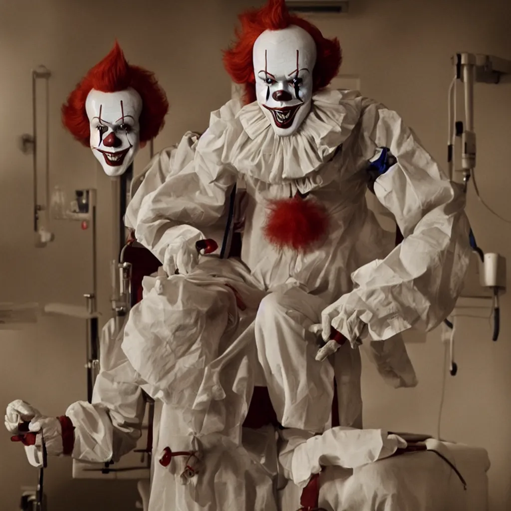 Image similar to a photograph of pennywise dressed as a doctor at a hospital, full shot