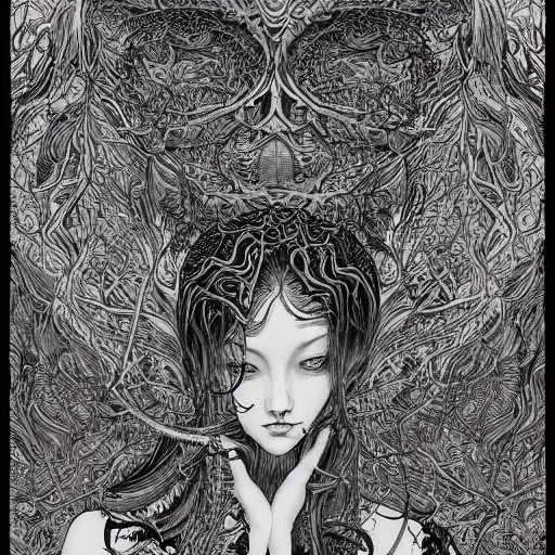 Image similar to life is so beautiful painted in alex grey and james jean style drawn by vania zouravliov and takato yamamoto, inspired by ooioo, intricate wood carving, black and white, 3 d, high detail, sharp high detail, artstation, octane