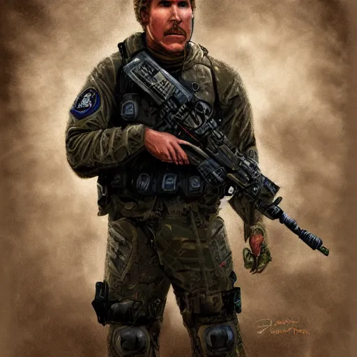 Prompt: Will Ferrell as a navy SEAL, high resolution fantasy concept art, intricate details, soft lighting