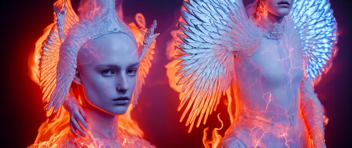 Image similar to hyperrealist highly detailed english medieval portrait of high fashion archangel wearing flame fire smoke flame armor, radiating atomic neon corals, veiny network growth with ghostly ghost translucent ghost armor, concept art pascal blanche dramatic studio lighting 8k wide angle shallow depth of field