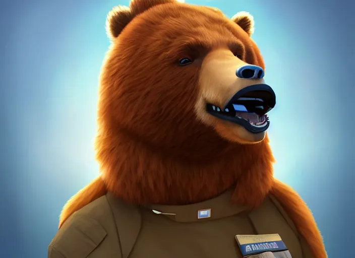 Image similar to character portrait feature of the anthro male anthropomorphic kamchatka brown bear fursona wearing airline pilot outfit uniform professional pilot for delta airlines character design stylized by charlie bowater, ross tran, artgerm, and makoto shinkai, detailed, soft lighting, rendered in octane