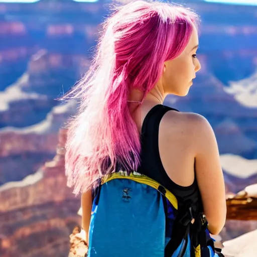 Image similar to a young woman with long pink hair looking at grand canyon, hiking clothes, tank top, backpack, arizona, grand canyon in background, cinematic, beautiful, stunning, morning, epic, 8 k