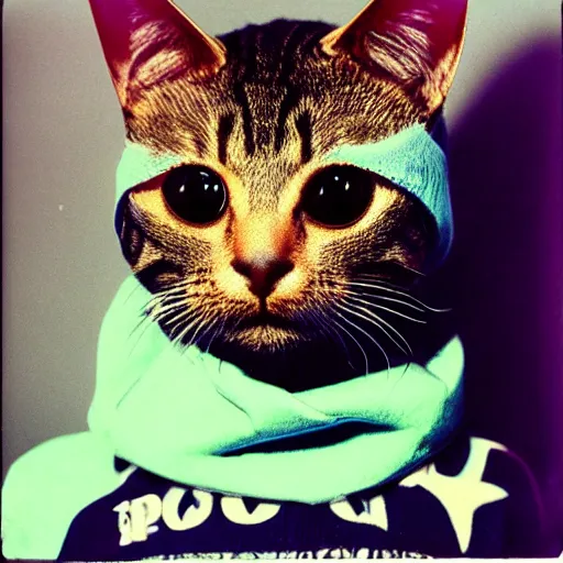 Image similar to close-up shot of a cat wearing hoodie in 80s, funny, Polaroid photo, by Warhol