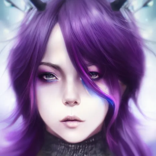 Prompt: beautiful anime women with purple hair, a straight horn on her forehead, purple eyes, a purple tuxedo, sharp focus, intricate, cell shaded, award winning photography, cinematic, digital painting, cinematic, wlop, 8 k, by ross tran, tom bagshaw