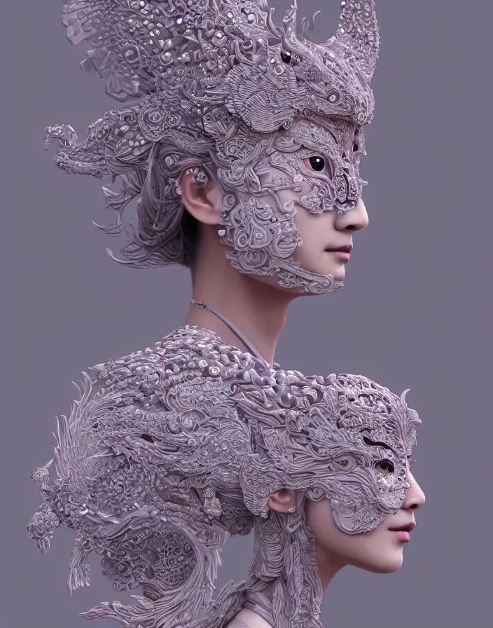 Image similar to 3 d goddess medium shot profile portrait. beautiful intricate highly detailed korean gumiho mask and traditional korean hanbok. stingray, magpie, stingray, magpie, bioluminescent, plasma, lava, ice, water, wind, creature, fog, artwork by tooth wu and wlop and beeple and greg rutkowski, 8 k trending on artstation,