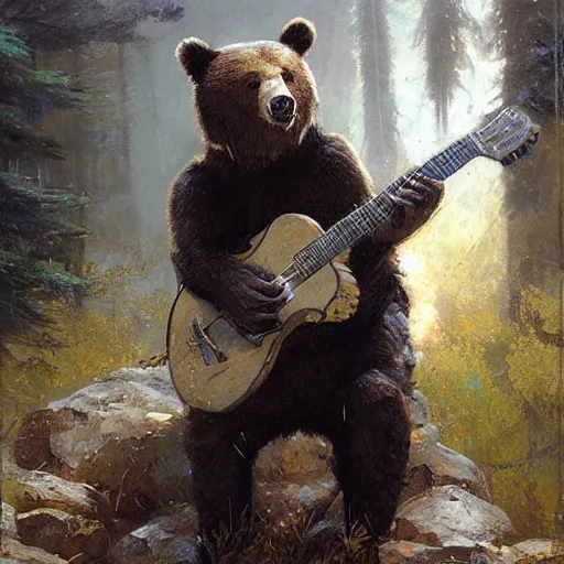 Prompt: realistic bear playing fantastic angularly guitar, fantasy character portrait by Greg Rutkowski, Craig Mullins, Gaston Bussiere