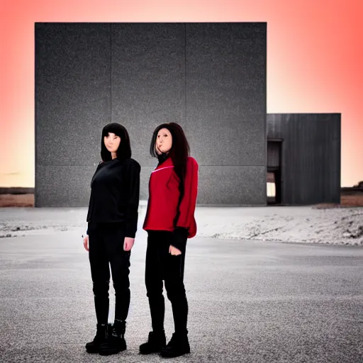 Image similar to photographic portrait of 2 clones in front of a brutalist metal building, 2 techwear women, on a desolate plain, red sky, black oversized clothes, sigma 8 5 mm f / 1. 4, 4 k, depth of field, high resolution, 4 k, 8 k, hd, full color