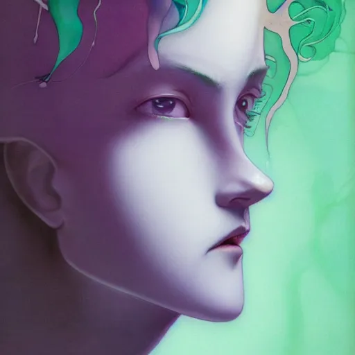 Image similar to prompt : pale violet and deep green portrait in water soft light painted by james jean and katsuhiro otomo and erik jones, inspired by evangeleon anime, smooth face feature, intricate oil painting, high detail illustration, sharp high detail, manga and anime 1 9 9 9