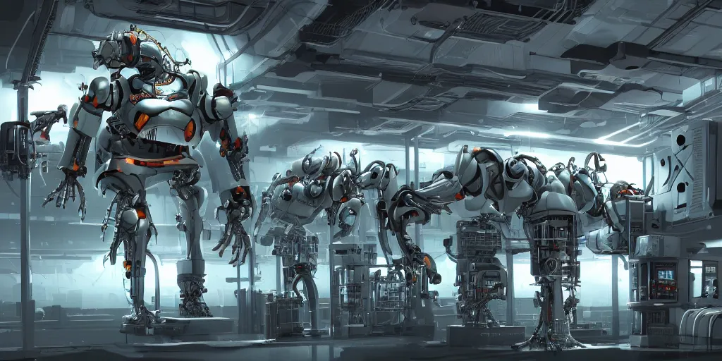 Image similar to parallax datacenter server room single mono colossus white rusty android robosaurus automaton in artstation